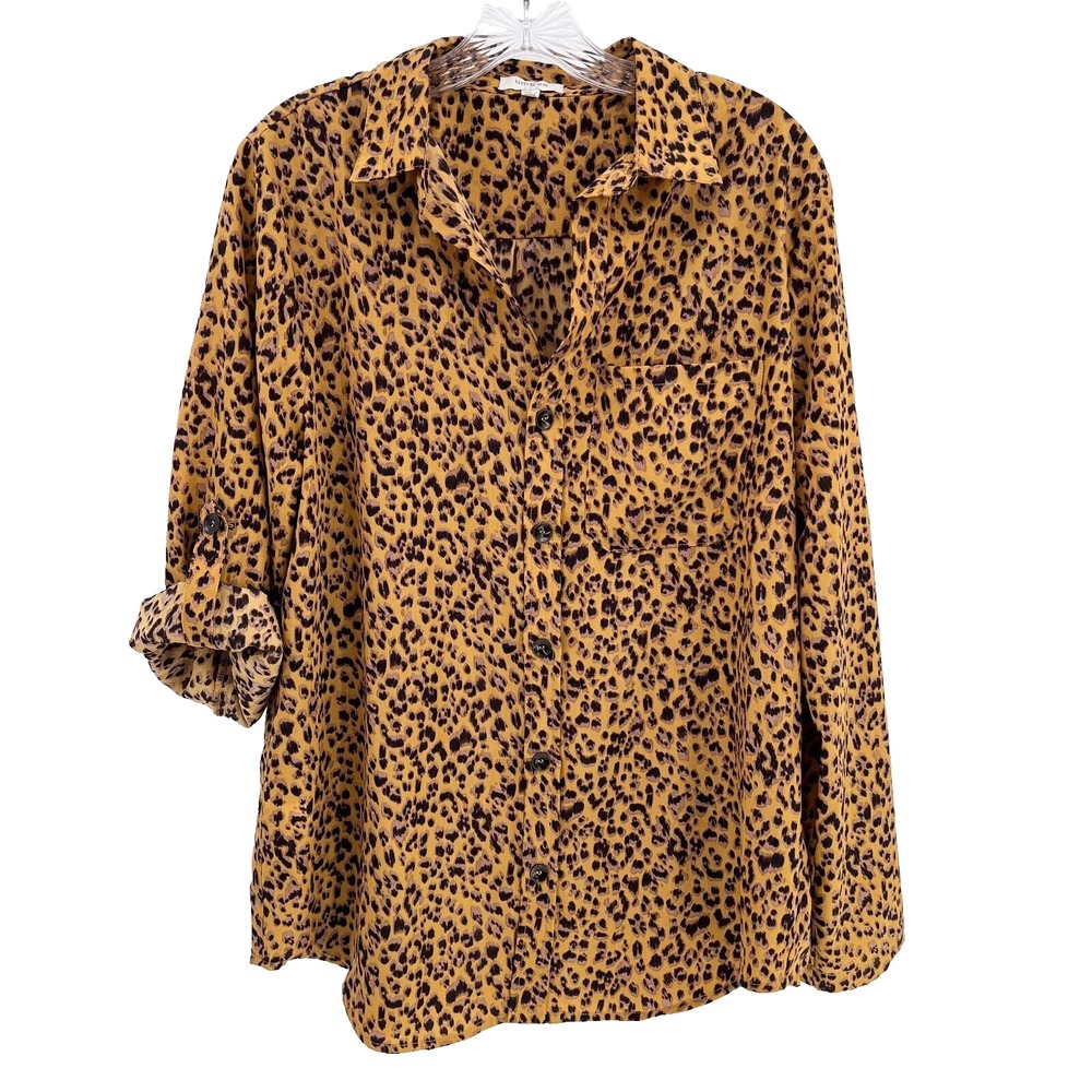UMGEE Women's Sz L Mustard Leopard Print Roll-Tab Sleeve Button-Up Blouse Shirt